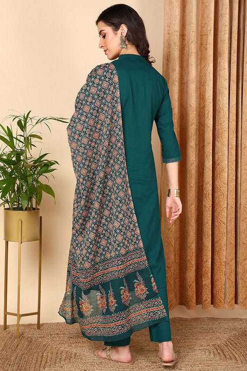 Plus Size Teal Green Pure Cotton Floral Embroidered Straight Suit Set